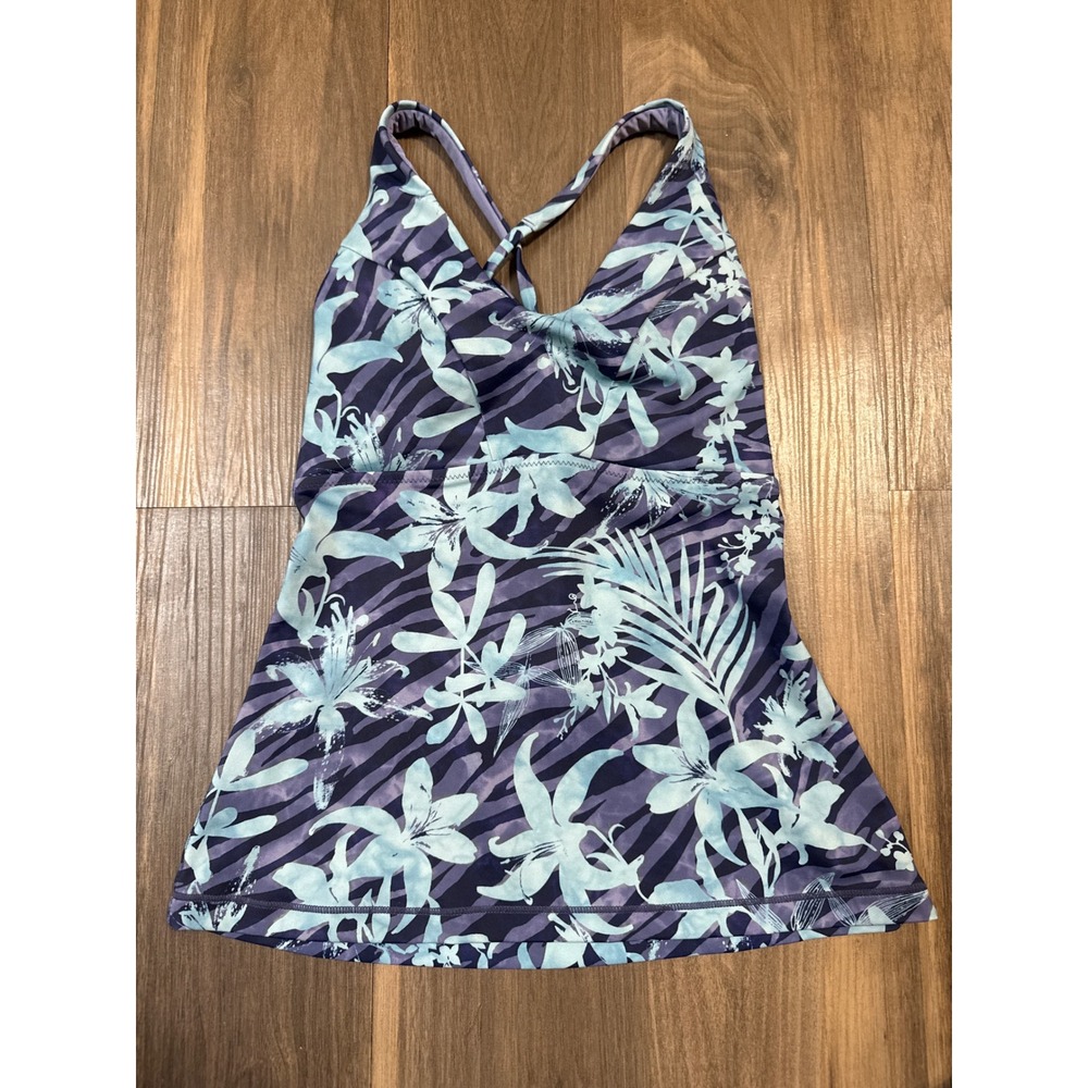Athleta Tankini Top Women Small Blue/Purple Floral Zebra Stripe Strappy Swimwear